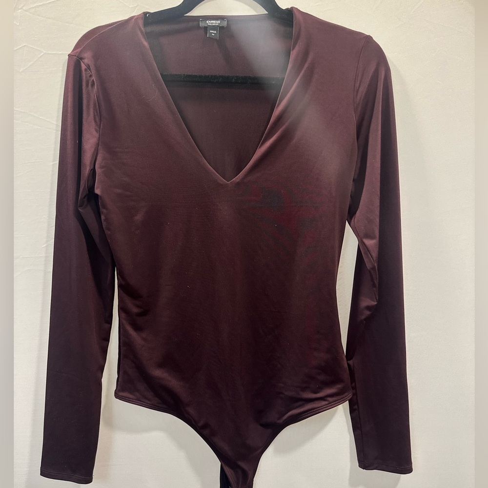 Express Long-Sleeve Deep V Bodysuit - Burgundy